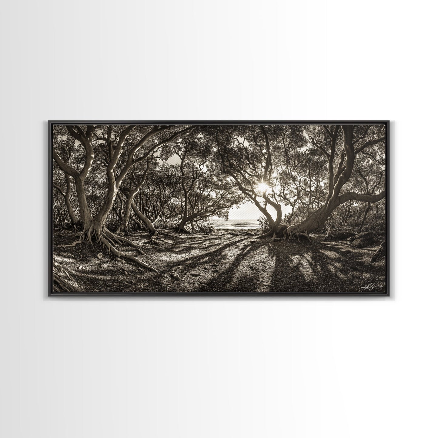 Verzauberter Wald – Licht, Baumschatten, Naturlandschaft, gerahmter Leinwanddruck, rustikale Wandkunst, Walddeko für den Eingangsbereich, Boho-Walddruck