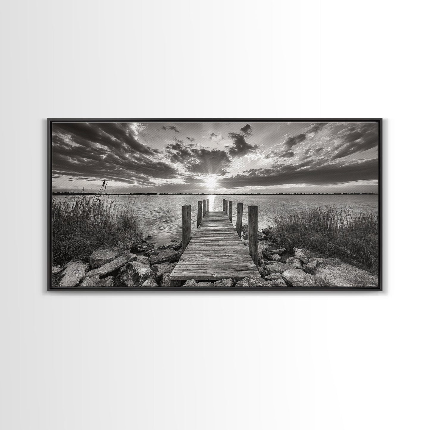 Rustic Dock Sunset, Lakehouse Art, Black White Landscape, Framed Canvas Print, Country Home Decor, Cabin Wall Art, Lakeside Tranquility
