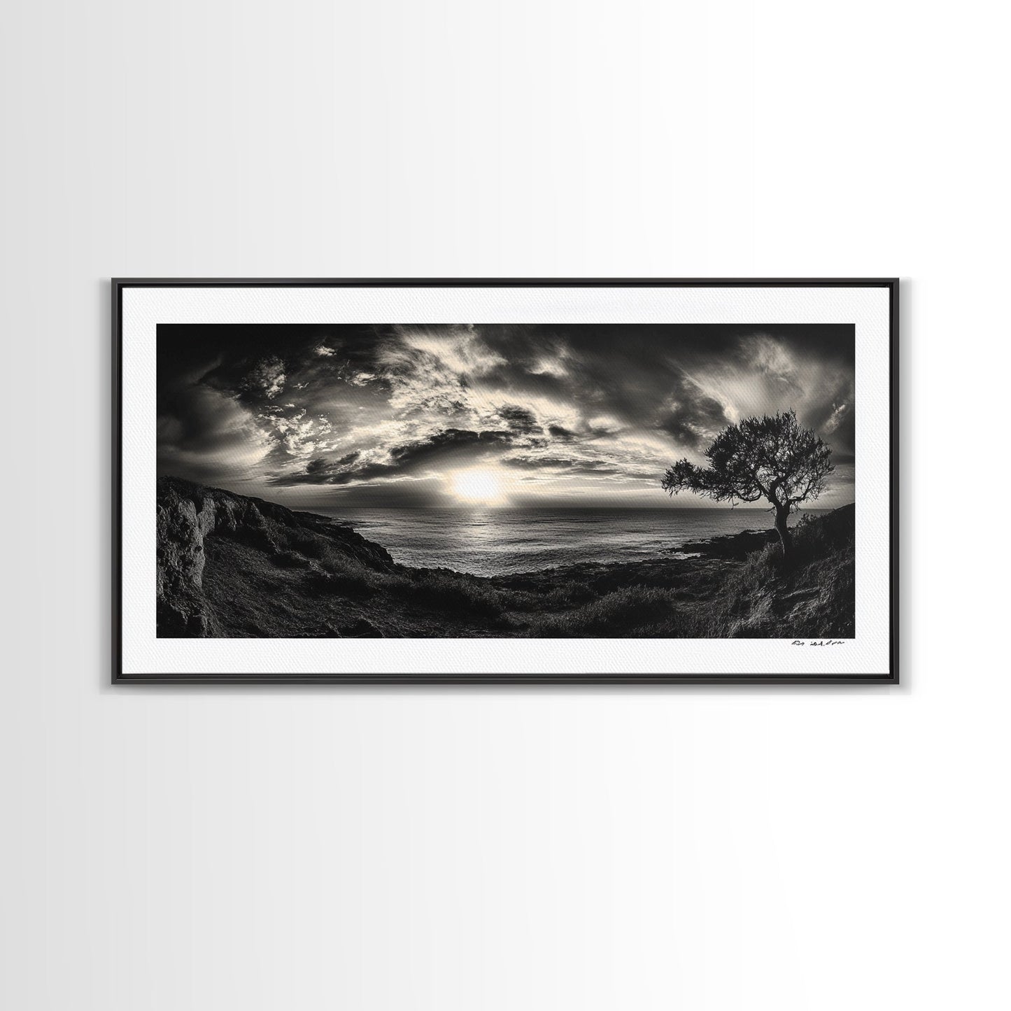 Dramatischer Sonnenuntergang über dem Meer, Küstenbaum, monochrome Landschaft, Leinwanddruck, Wandbild fürs Wohnzimmer, surreale Naturansicht, Meeresblick-Druck