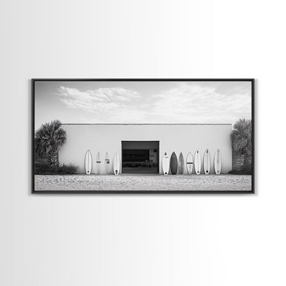 Surfboards, Beach Garage, Modern Coastal, Ocean Style, Framed Canvas Print, surf shack decor, teen room wall art, minimalist beach art