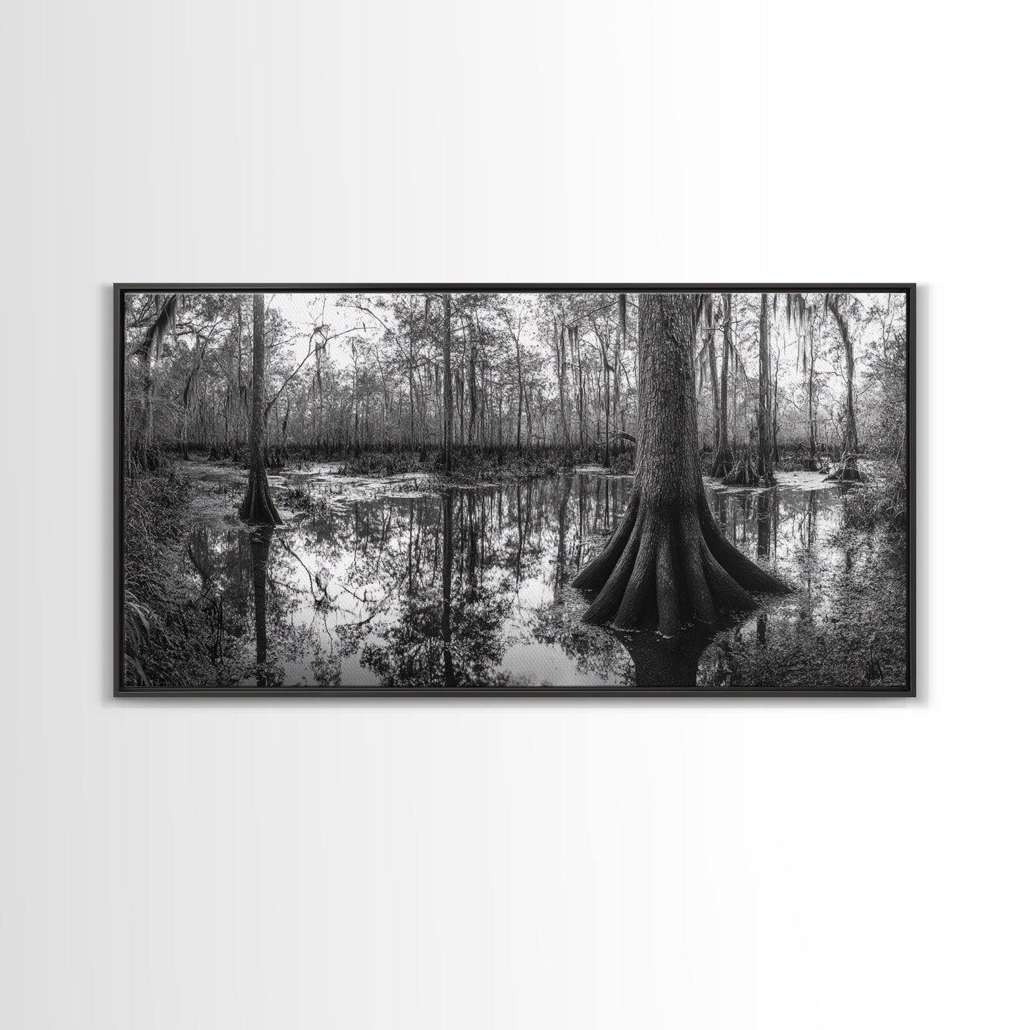 Sumpfbäume, Zypressenwasser, Naturspiegelungen, Marschlandschaft, gerahmter Leinwanddruck, rustikale Hüttendekoration, Wandbild für den Flur, Waldmotiv