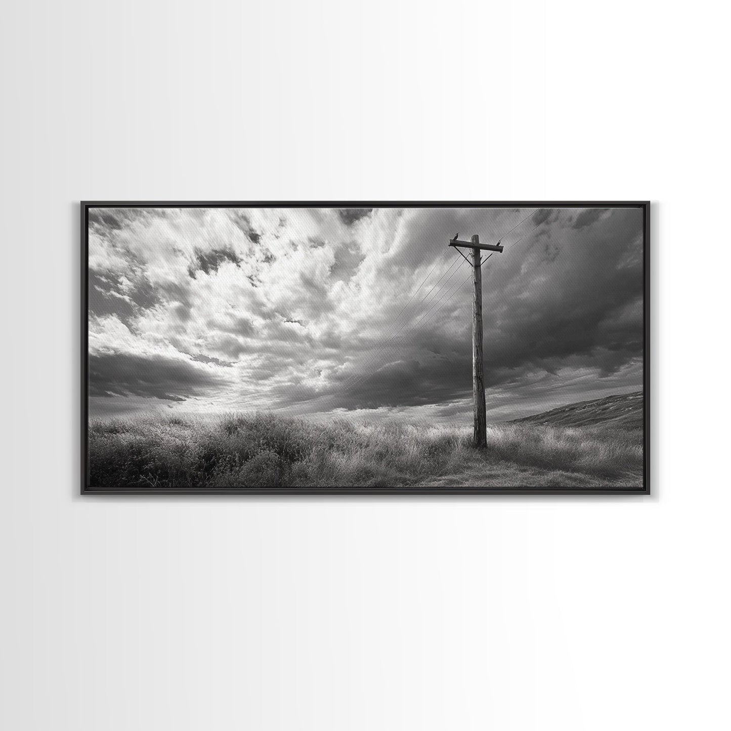 Strommast, ländliche Landschaft, stürmischer Himmel, ländliche Ruhe, gerahmter Leinwanddruck, Wandbild für den Eingangsbereich eines Bauernhauses, rustikaler Schwarz-Weiß-Druck