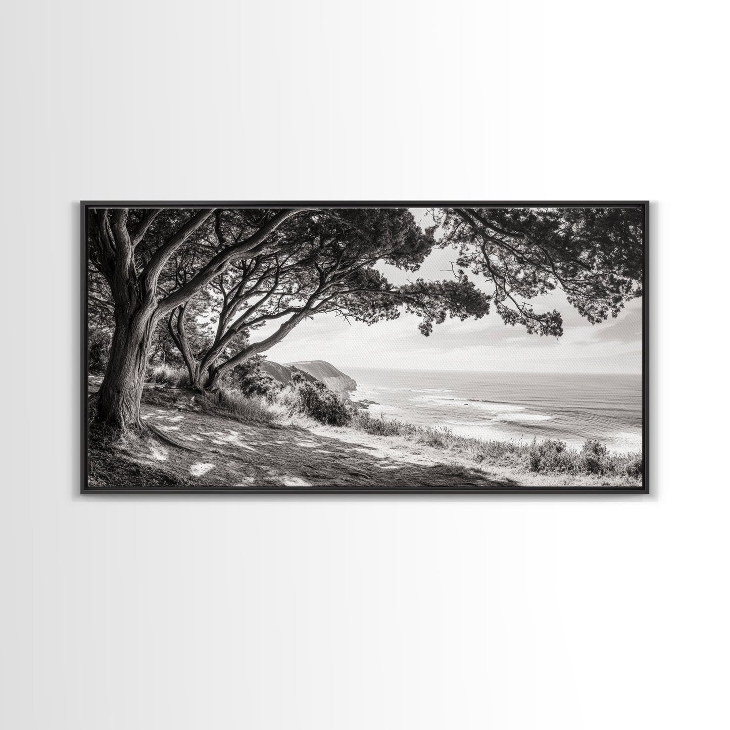 Ocean View, Coastal Trees, Cliffside Vista, Light and Shadows, Framed Canvas Print, landscape wall art, modern beach decor, boho living room