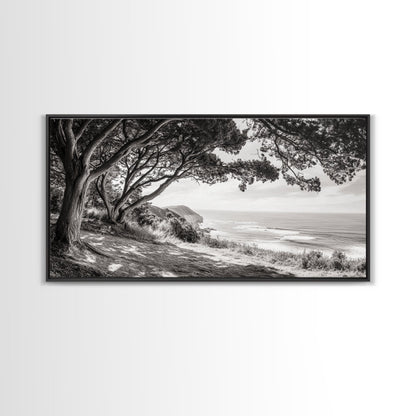 Ocean View, Coastal Trees, Cliffside Vista, Light and Shadows, Framed Canvas Print, landscape wall art, modern beach decor, boho living room