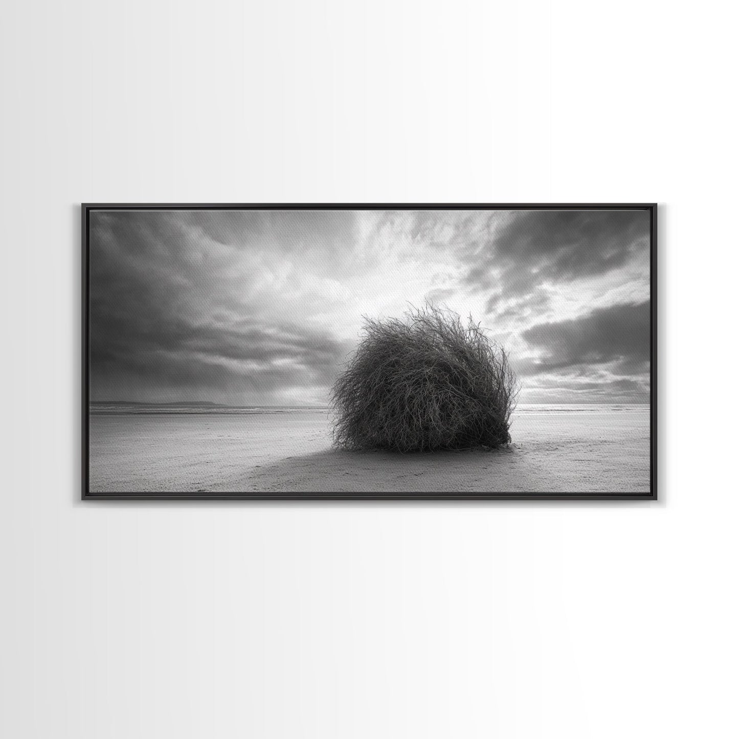 Tumbleweed, Desert Beach, Moody Sky, Solitary Calm, Framed Canvas Print, minimalist desert wall art, western Fall decor, neutral tones