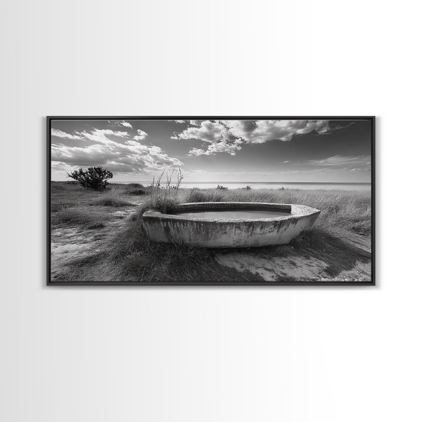 Concrete Trough, Coastal Horizon, Grassy Shoreline, Canvas Print, Rustic Farmhouse Bathroom Art, Minimalist Nature, Fall Beach Wall Decor