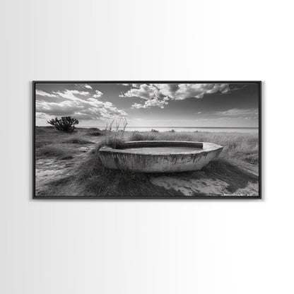 Concrete Trough, Coastal Horizon, Grassy Shoreline, Canvas Print, Rustic Farmhouse Bathroom Art, Minimalist Nature, Fall Beach Wall Decor