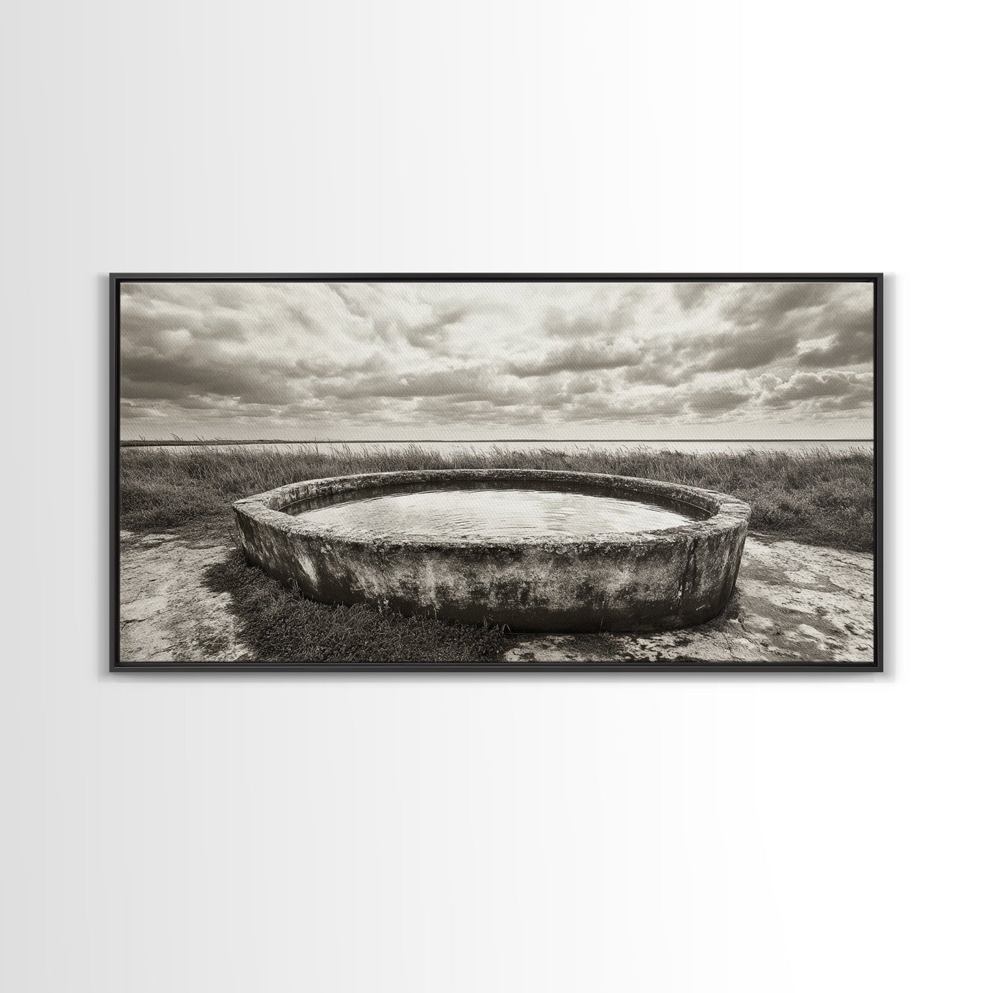 Water Trough, Overcast Skies, Ocean Breeze, Framed Canvas Print, Country Rustic Wall Art, Sepia Toned Fall Decor, Entryway Or Den Art