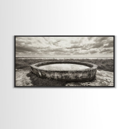 Water Trough, Overcast Skies, Ocean Breeze, Framed Canvas Print, Country Rustic Wall Art, Sepia Toned Fall Decor, Entryway Or Den Art