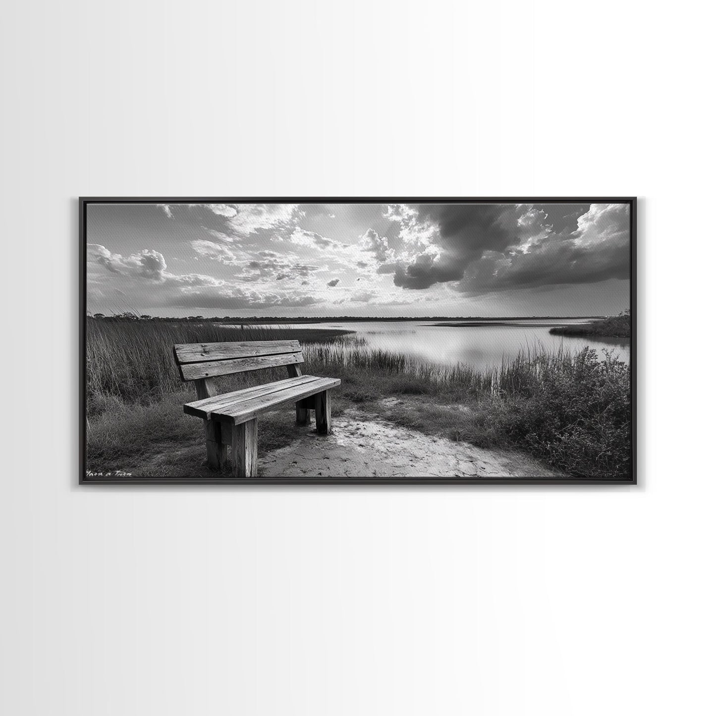 Lakeside Bench, Calm Waters, Sunset View, Canvas Print, Tranquil Nature Photography, Living Room Wall Art, Serene Outdoor Fall Landscape