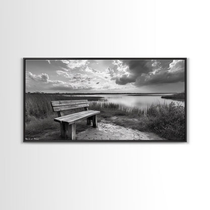 Lakeside Bench, Calm Waters, Sunset View, Canvas Print, Tranquil Nature Photography, Living Room Wall Art, Serene Outdoor Fall Landscape