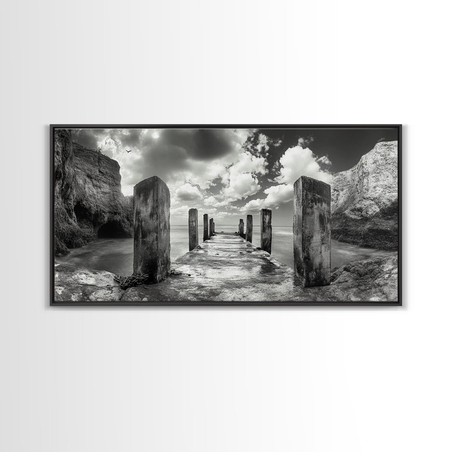 Ocean Pier, Seaside Dock, Crashing Waves, Canvas Print, Dramatic Coastal Wall Art, Black And White Decor, Bathroom Or Hallway Photography