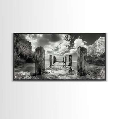 Ocean Pier, Seaside Dock, Crashing Waves, Canvas Print, Dramatic Coastal Wall Art, Black And White Decor, Bathroom Or Hallway Photography