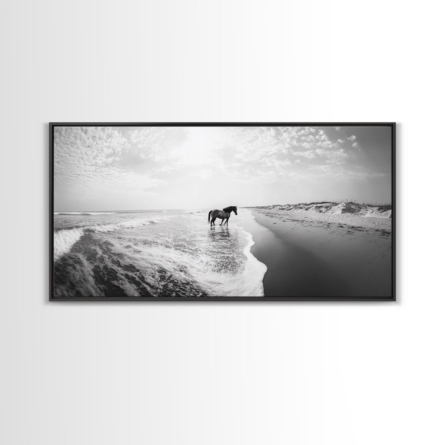 Wild Horse Beach, Coastal Nature Art, Minimalist Animal Photography, Serene Landscape, Neutral Bedroom Decor, Framed Canvas Print