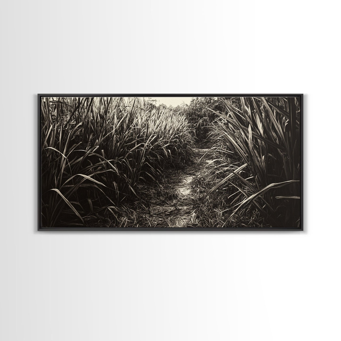 Grasbewachsener Pfad, Naturmotiv, Rustikale Landschaft, Naturnahe Wohndekoration, Herbstliche Flurkunst, Gerahmter Leinwanddruck