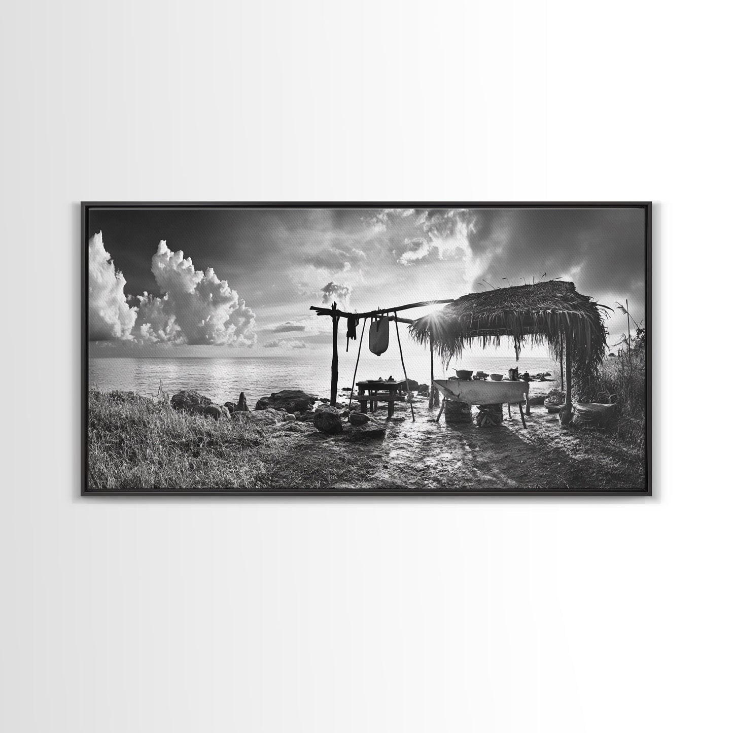 Beach Shack, Driftwood Table, Seaside Shelter, Sun Rays, Canvas Print, Rustic Coastal Art, Boho Decor, Dining Room Wall Art, Cabin Wall Art