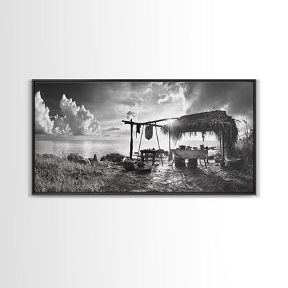 Beach Shack, Driftwood Table, Seaside Shelter, Sun Rays, Canvas Print, Rustic Coastal Art, Boho Decor, Dining Room Wall Art, Cabin Wall Art