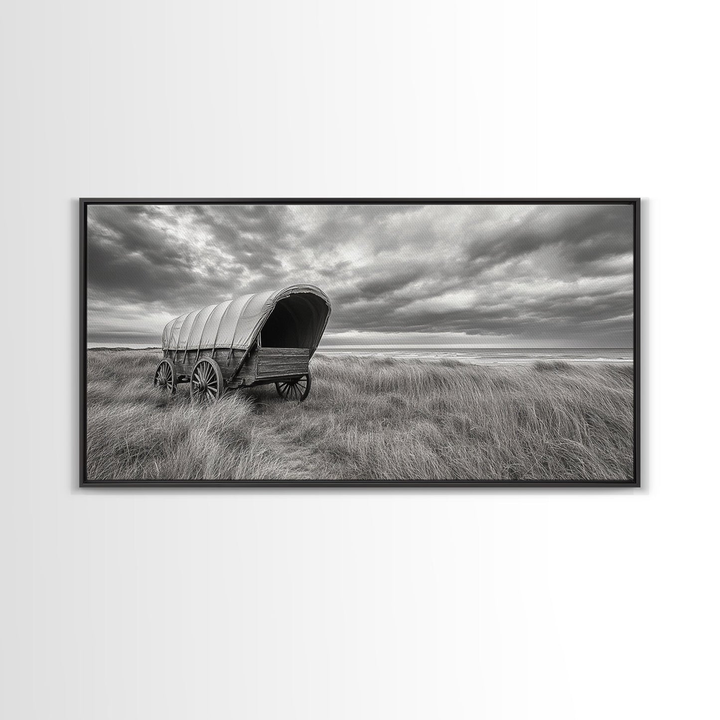 Prairie Wagon, Coastal Grass, Covered Cart, Western Landscape, Framed Canvas Print, Rustic Fall Art, Living Room Wall Decor