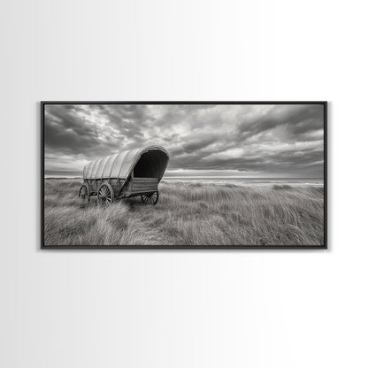 Prairie Wagon, Coastal Grass, Covered Cart, Western Landscape, Framed Canvas Print, Rustic Fall Art, Living Room Wall Decor