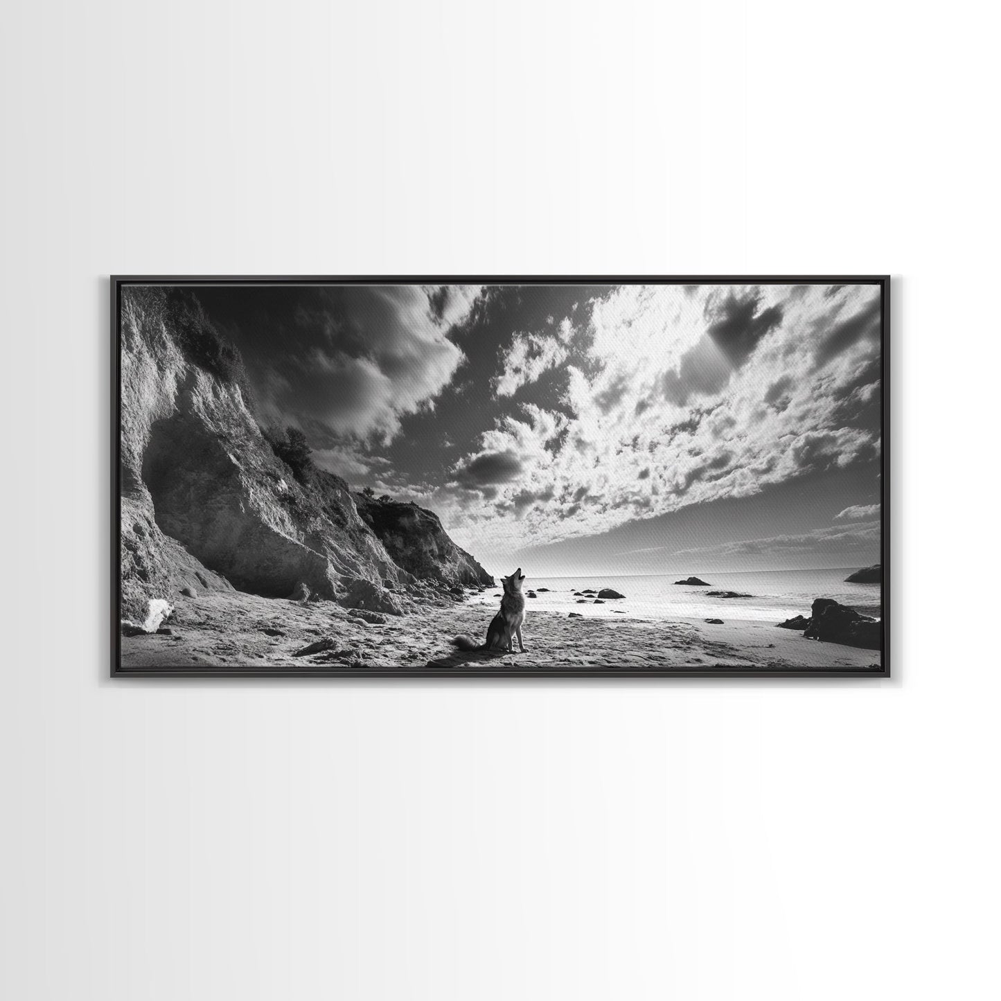 Howling Dog, Seaside Cliffs, Cloudy Sky, Wild Beach, Canvas Print, Nature Animal Art, Rustic Fall Wall Decor, Entryway Accent, Bedroom Wall Art