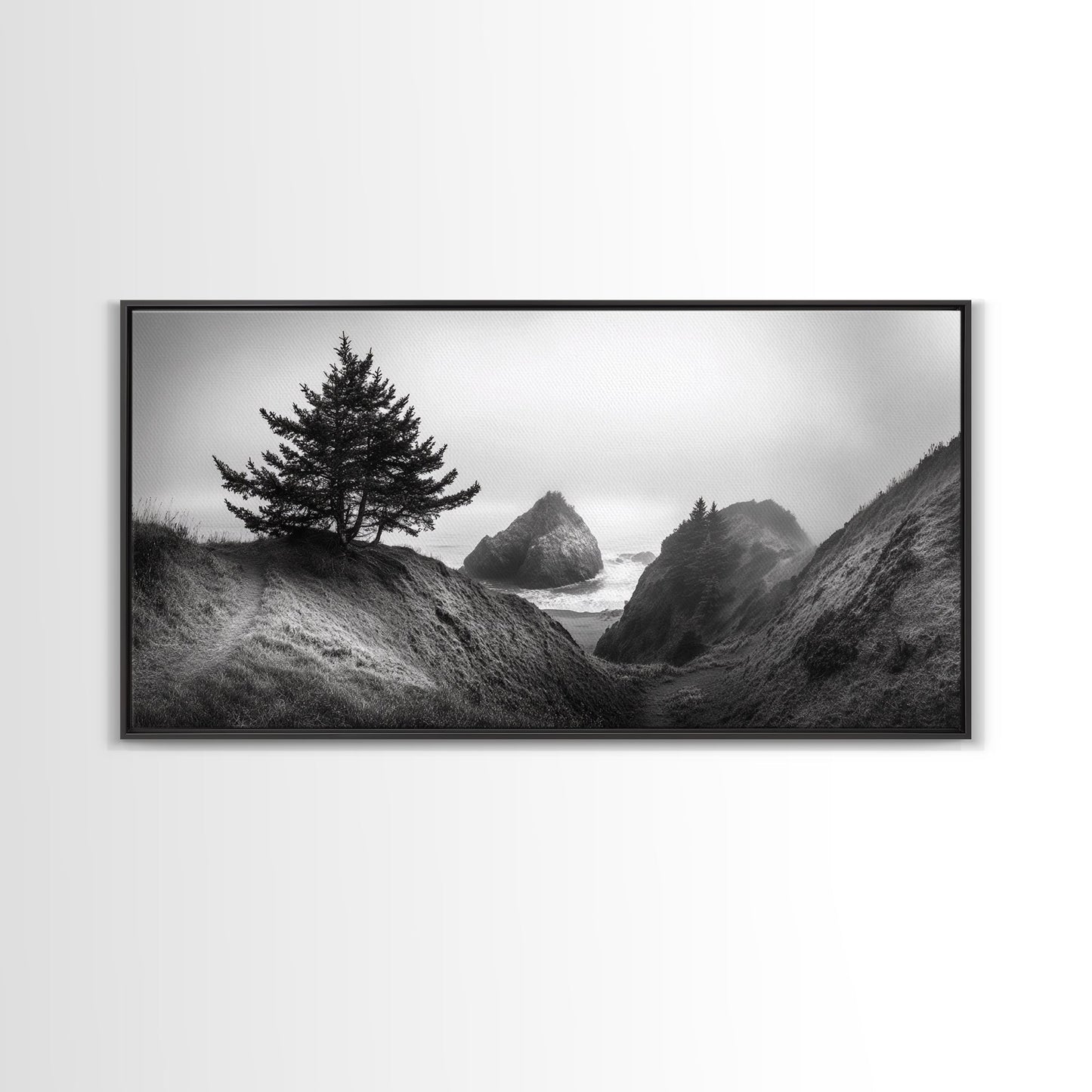 Coastal Cliff Scene, Evergreen Ocean Landscape, Pacific Northwest View, Framed Canvas Print, Nature Inspired Wall Art, Minimalist Decor