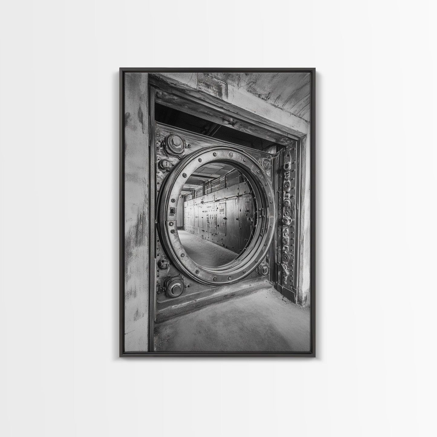 Bank Vault Door, Industrial Design, Urban Texture, Canvas Print, Masculine Office Decor, Steampunk Wall Art, Black White Print