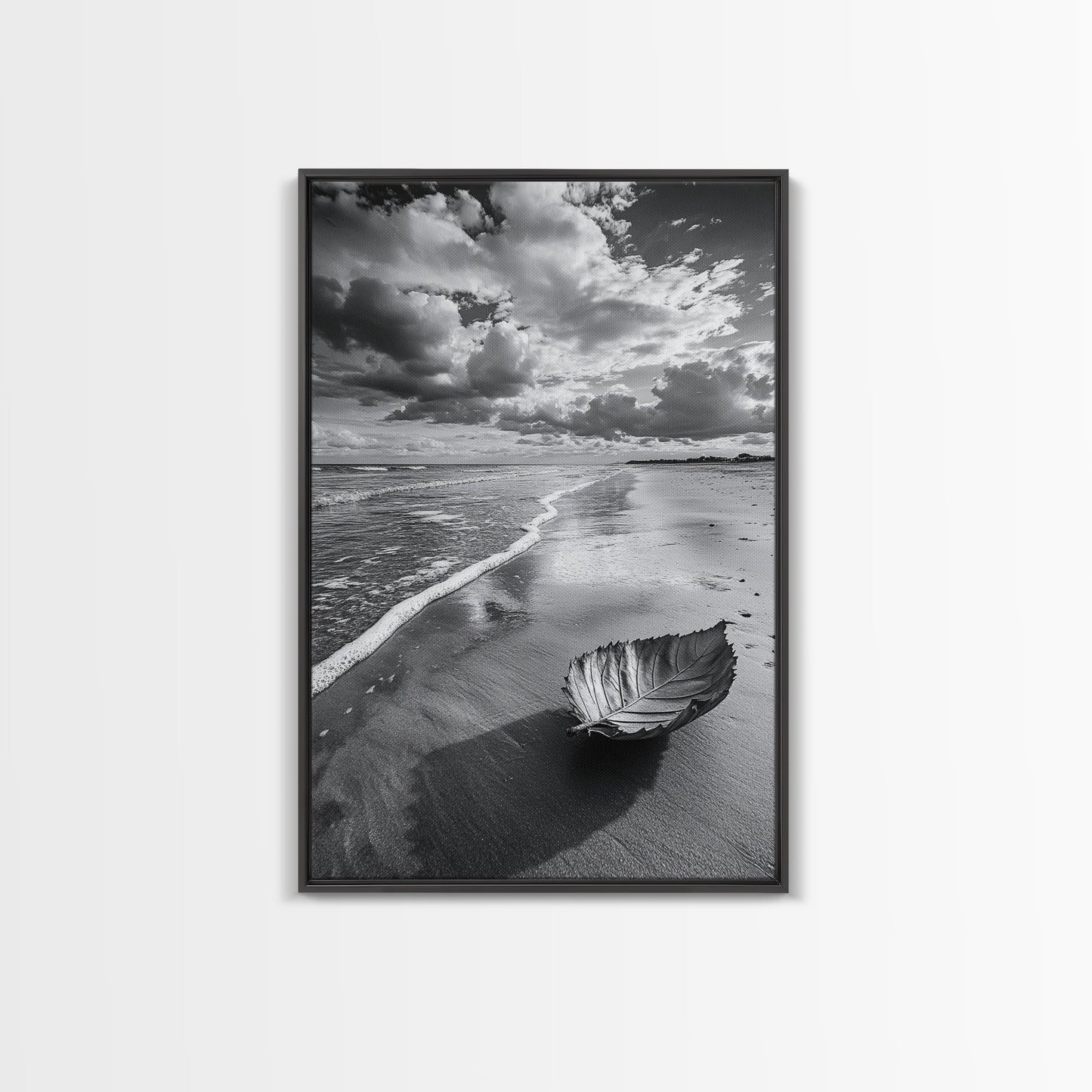 Autumn Beach Leaf, Drift Shore, Moody Cloudscape, Black and White Fall Art, Framed Canvas Print, Seasonal Wall Decor, Rustic Autumn Style