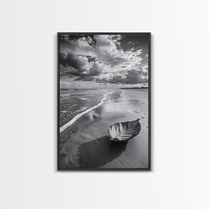 Autumn Beach Leaf, Drift Shore, Moody Cloudscape, Black and White Fall Art, Framed Canvas Print, Seasonal Wall Decor, Rustic Autumn Style