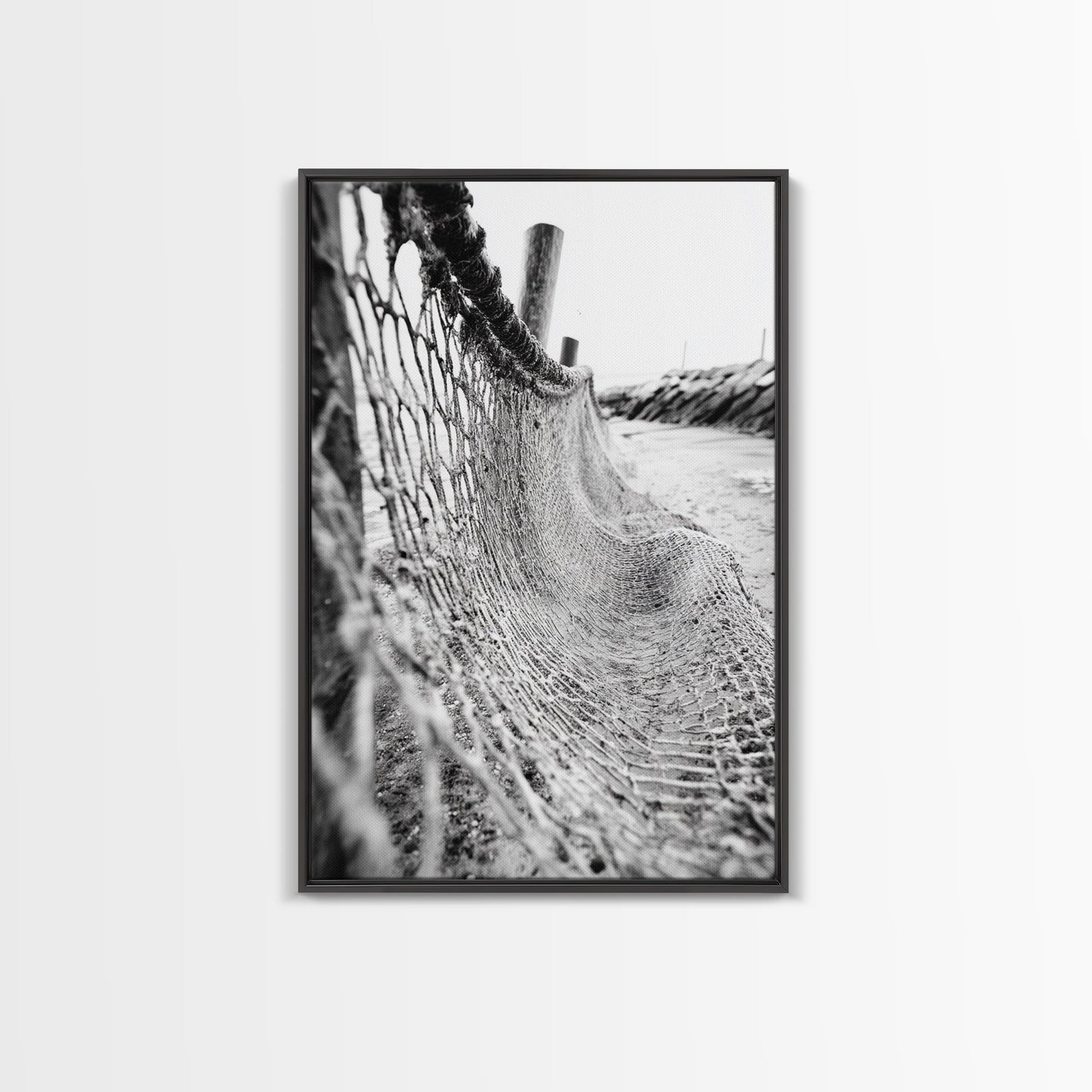 Coastal Net, Beach Texture, Nautical Vibe, Ocean Fence, Framed Canvas Print, Bathroom Wall Art, Coastal Cottage Style, Monochrome Beach Art