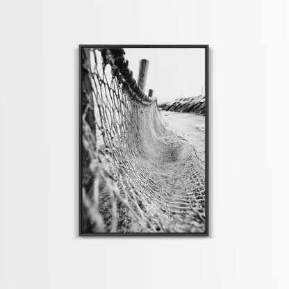 Coastal Net, Beach Texture, Nautical Vibe, Ocean Fence, Framed Canvas Print, Bathroom Wall Art, Coastal Cottage Style, Monochrome Beach Art