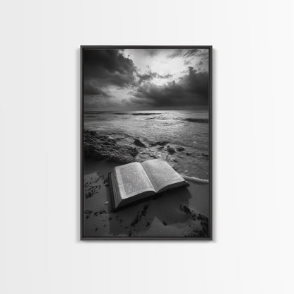 Book Beach Twilight, Reading By Ocean, Literary Seascape, Canvas Print, Study Wall Art, Moody Literary Art, Minimalist Coastal Decor