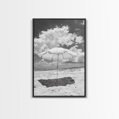 Beach Umbrella, Sunny Escape, Coastal Cloudscape, Framed Canvas Print, Summer Vibe Wall Art, Outdoor Living Decor, Travel Mood