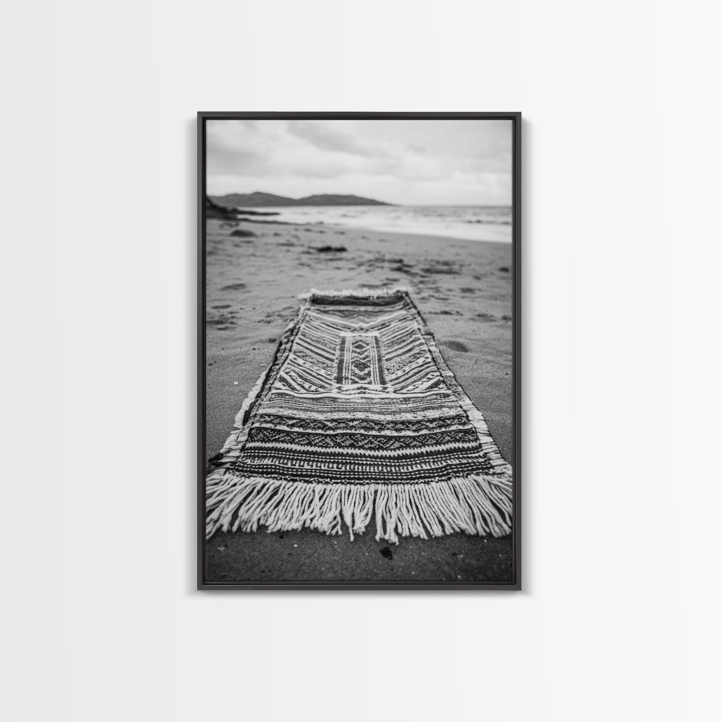 Woven Rug Beach, Bohemian Escape, Textile Texture, Black and White Canvas Print, Boho Bedroom or Yoga Studio Wall Decor