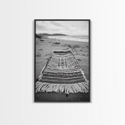 Woven Rug Beach, Bohemian Escape, Textile Texture, Black and White Canvas Print, Boho Bedroom or Yoga Studio Wall Decor