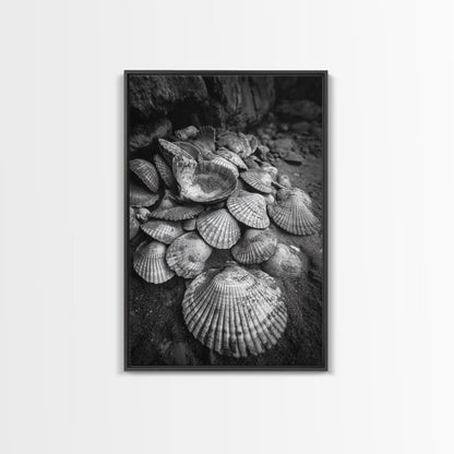 Seashell Pile, Textured Beach, Coastal Treasures, Natural Beauty Framed Canvas Print, bathroom decor, shell art, beach wall style