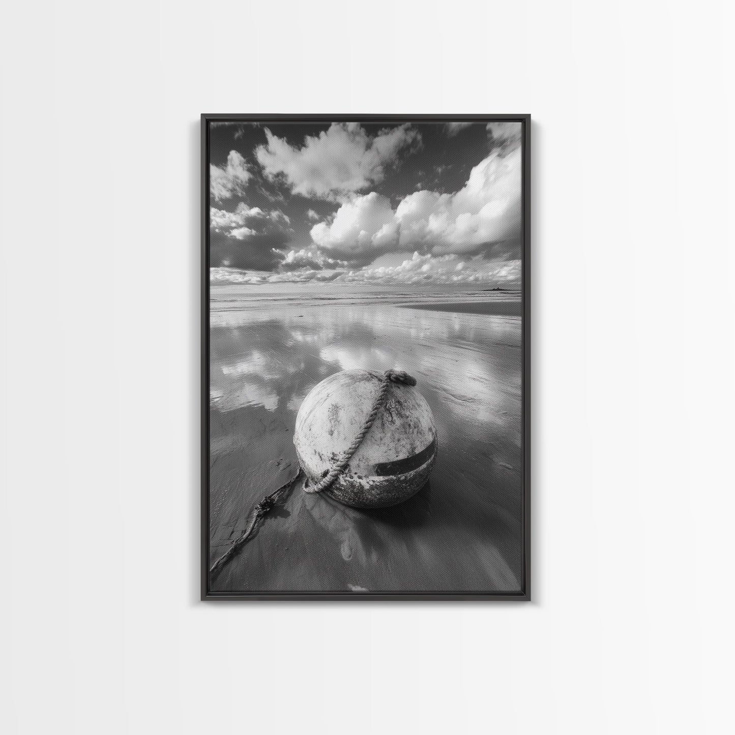 Washed buoy shore, coastal solitude, beach reflections, nautical simplicity, Framed Canvas Print, guest room art, seaside rustic wall decor