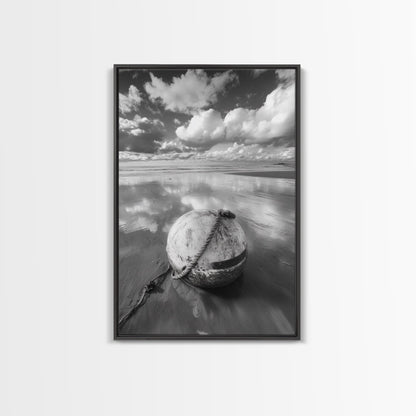 Washed buoy shore, coastal solitude, beach reflections, nautical simplicity, Framed Canvas Print, guest room art, seaside rustic wall decor
