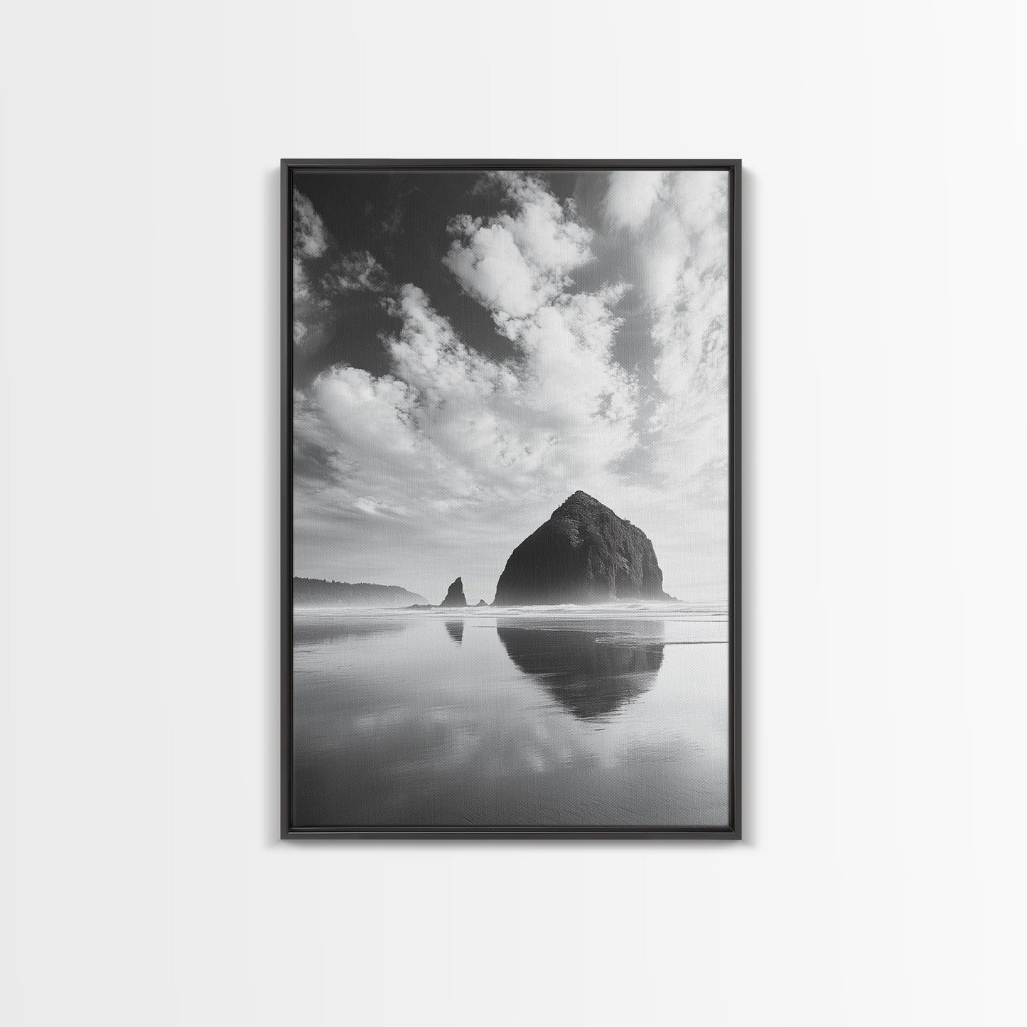 Iconic sea stack, Oregon coast art, tranquil reflections, dramatic clouds, Canvas Print, bedroom wall art, modern coastal minimalist decor