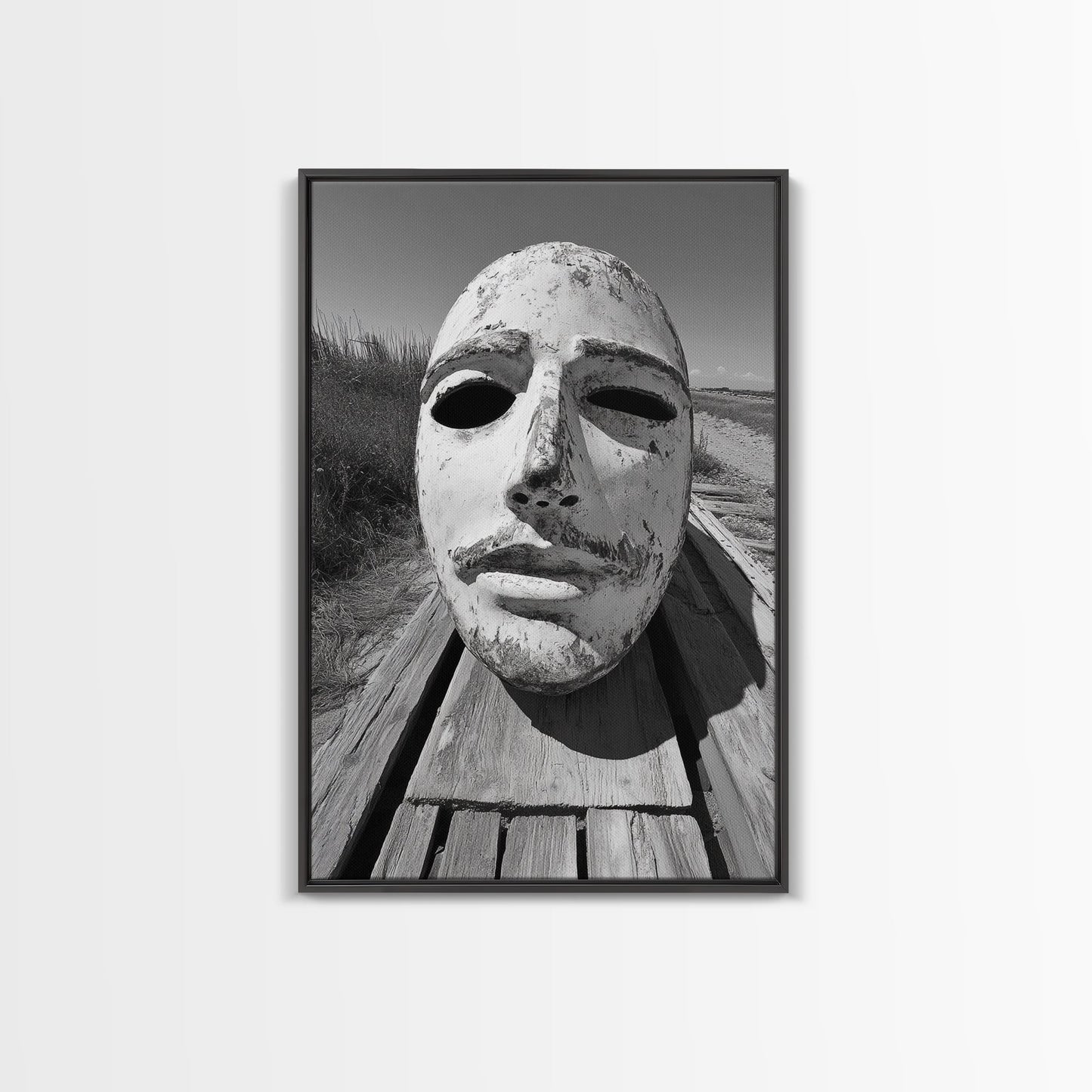 Weathered Mask, Coastal Surreal, Driftwood Dream, Canvas Print, Abstract Wall Art, Rustic Home Decor, Boho Artistic Style