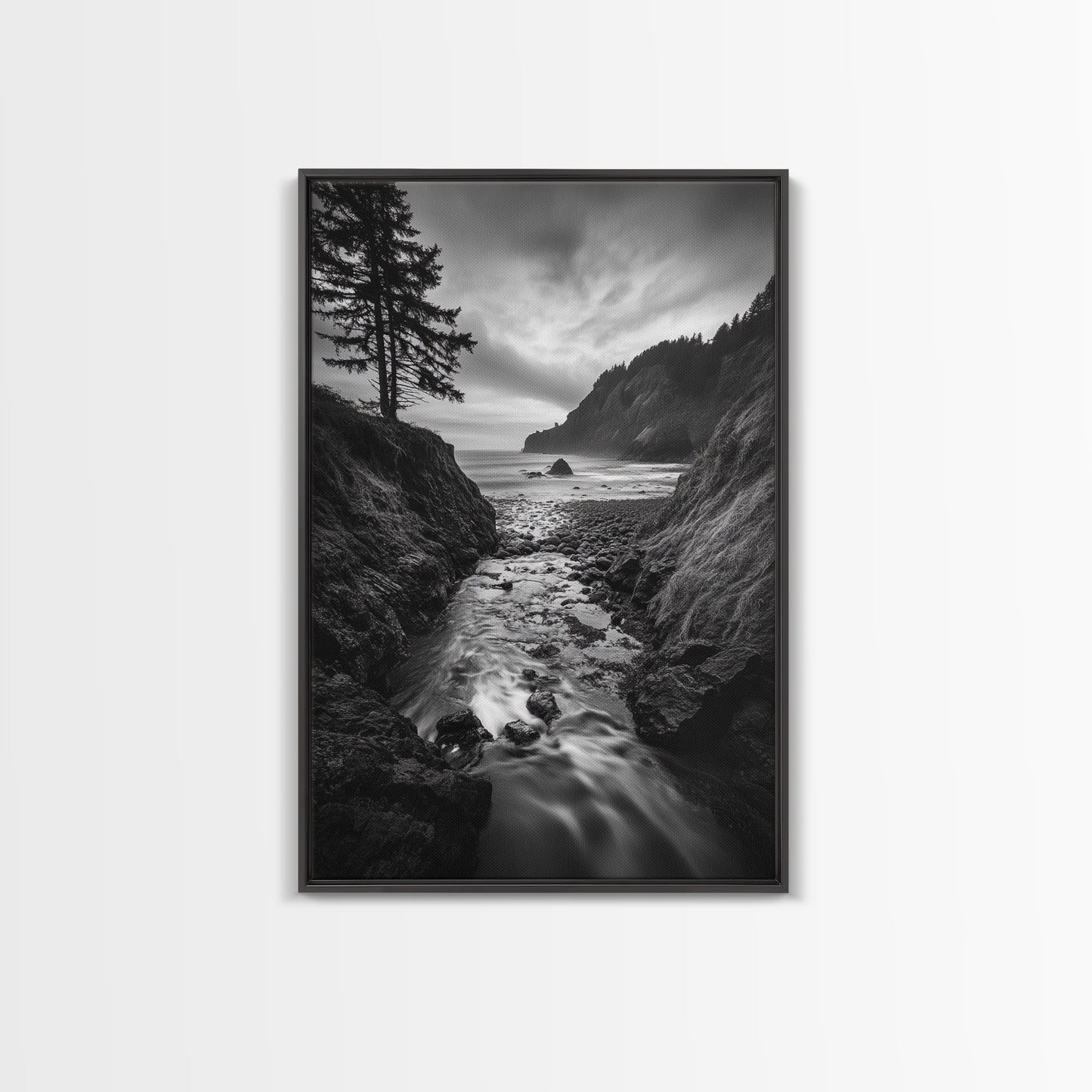 River Meets Sea, Forest Coast, Rugged Beauty, Sunset Flow, Canvas Print, Nature Wall Art, Moody Living Room Landscape
