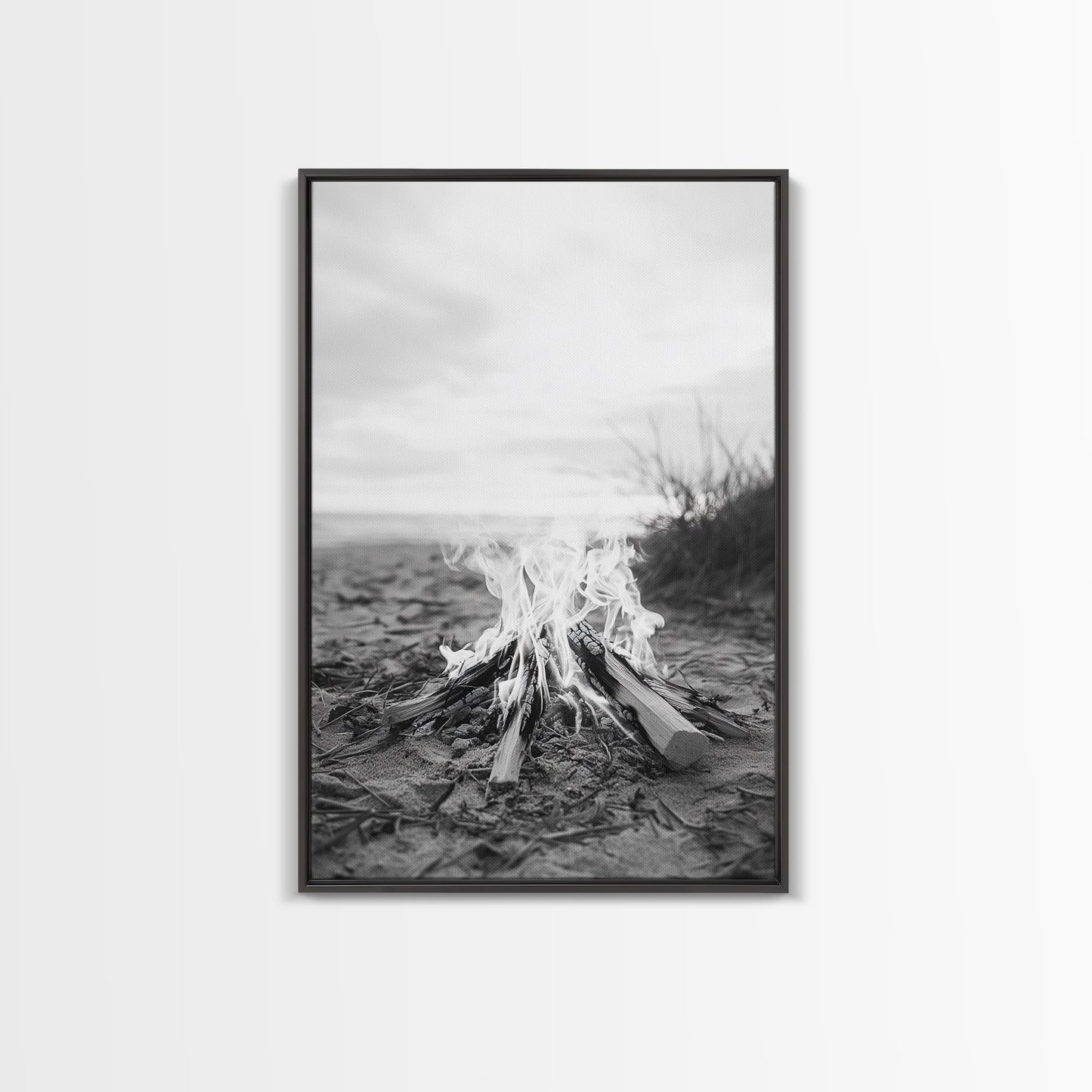 Campfire, Beach, Smoke, Glow - Cozy outdoor scene with flickering flame, Canvas Print, perfect rustic cabin or camping decor, Autumn Wall Art