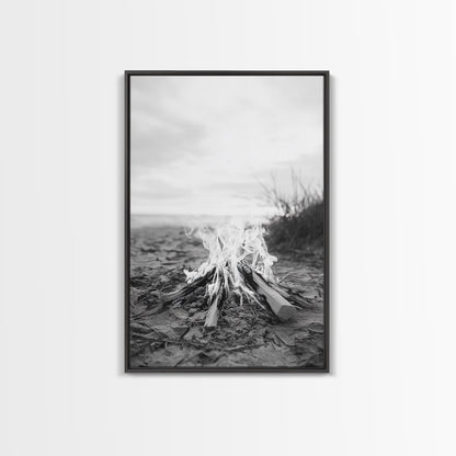 Campfire, Beach, Smoke, Glow - Cozy outdoor scene with flickering flame, Canvas Print, perfect rustic cabin or camping decor, Autumn Wall Art