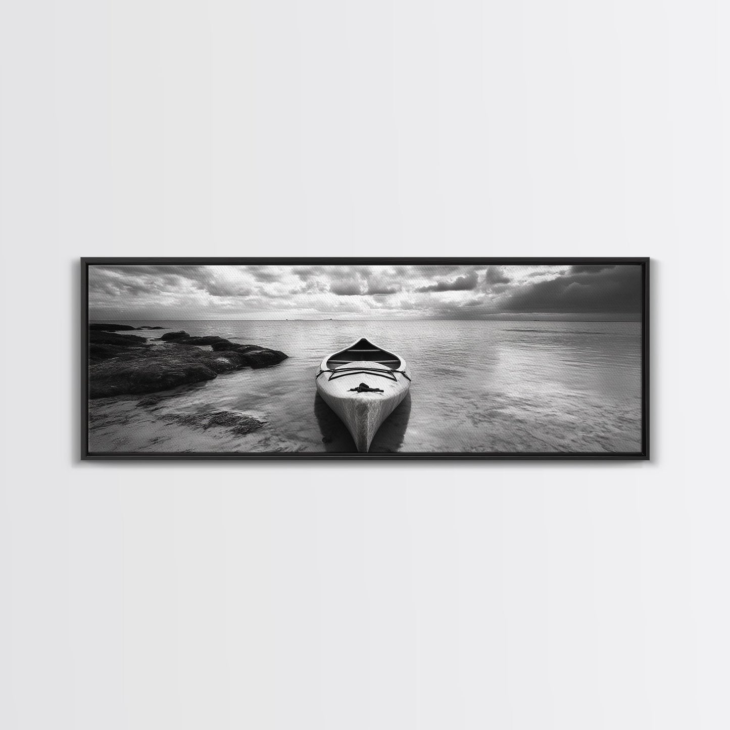 Canoe at Shore, Calm Waters, Peaceful Escape, Framed Canvas Print, Adventure art, Lakehouse decor, Hallway wall piece, Monochrome nature
