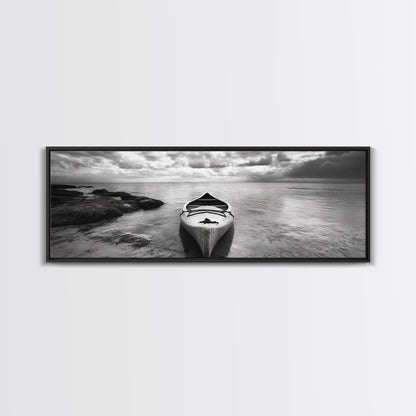 Canoe at Shore, Calm Waters, Peaceful Escape, Framed Canvas Print, Adventure art, Lakehouse decor, Hallway wall piece, Monochrome nature