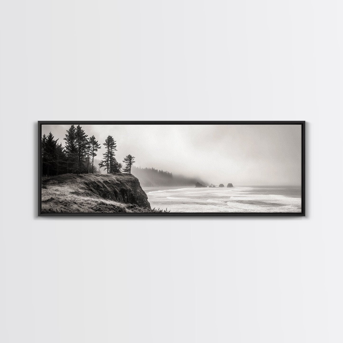 Foggy Pines, Ocean Horizon, Coastal Landscape, Moody Beach Scene, Canvas Print, Bedroom Wall Art, Rustic Cabin Decor, Nature Photography