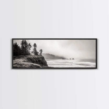 Foggy Pines, Ocean Horizon, Coastal Landscape, Moody Beach Scene, Canvas Print, Bedroom Wall Art, Rustic Cabin Decor, Nature Photography