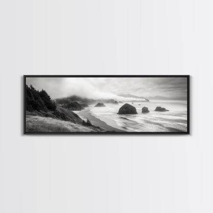 Pazifikküste, nebelverhangene Klippen, Felsen im Meer, stimmungsvolle Strandszene, Leinwanddruck, moderne Naturdekoration, Wandbild fürs Wohnzimmer, Küstenlandschaft