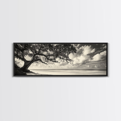 Südliche Eiche, Küstenbaum, Strandidylle, idyllische Landschaft, Leinwanddruck, neutrale Wohnzimmerkunst, Boho-Naturdekor, Strandwandkunst