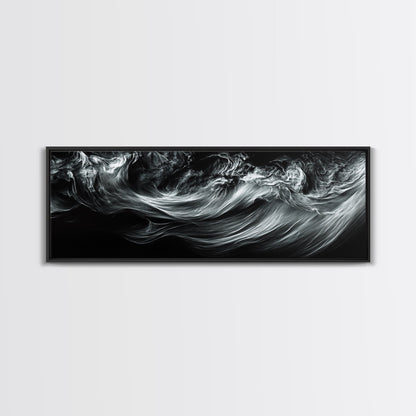 Abstract Ocean Waves, Motion Energy Art, Black and White Fluid Lines, Framed Canvas Print, Modern Wall Art, Minimalist Living Room