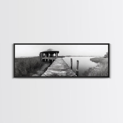 Abandoned Pier, Lakeside Shack, Black and White Marsh, Framed Canvas Print, Rustic Entryway Art, Minimalist Coastal Cabin Decor